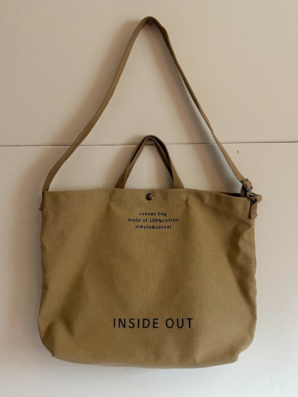 Inside Out Tan 100% Canvas Tote Bag Adjustable Crossbody Strap Simple and Casual
